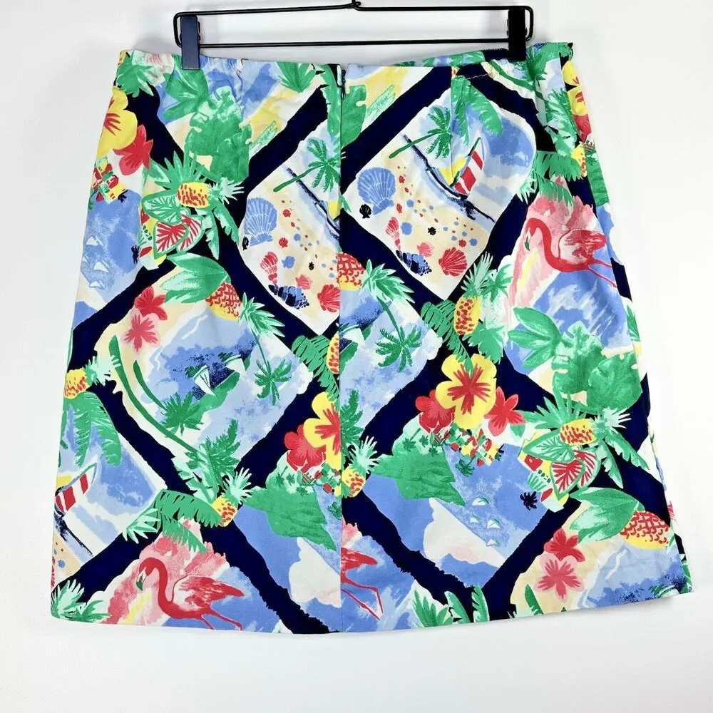Talbots Skirt 16W Blue Tropical Print Cotton Stretch Summer Casual A Line Preppy